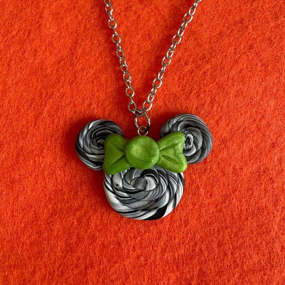 Handcrafted Halloween Minnie Mouse Green Bow Polymer Clay Pendant Necklace OOAK